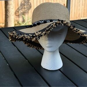 Betsey Johnson Tan and Black Fringed Sun Hat 22in circumference